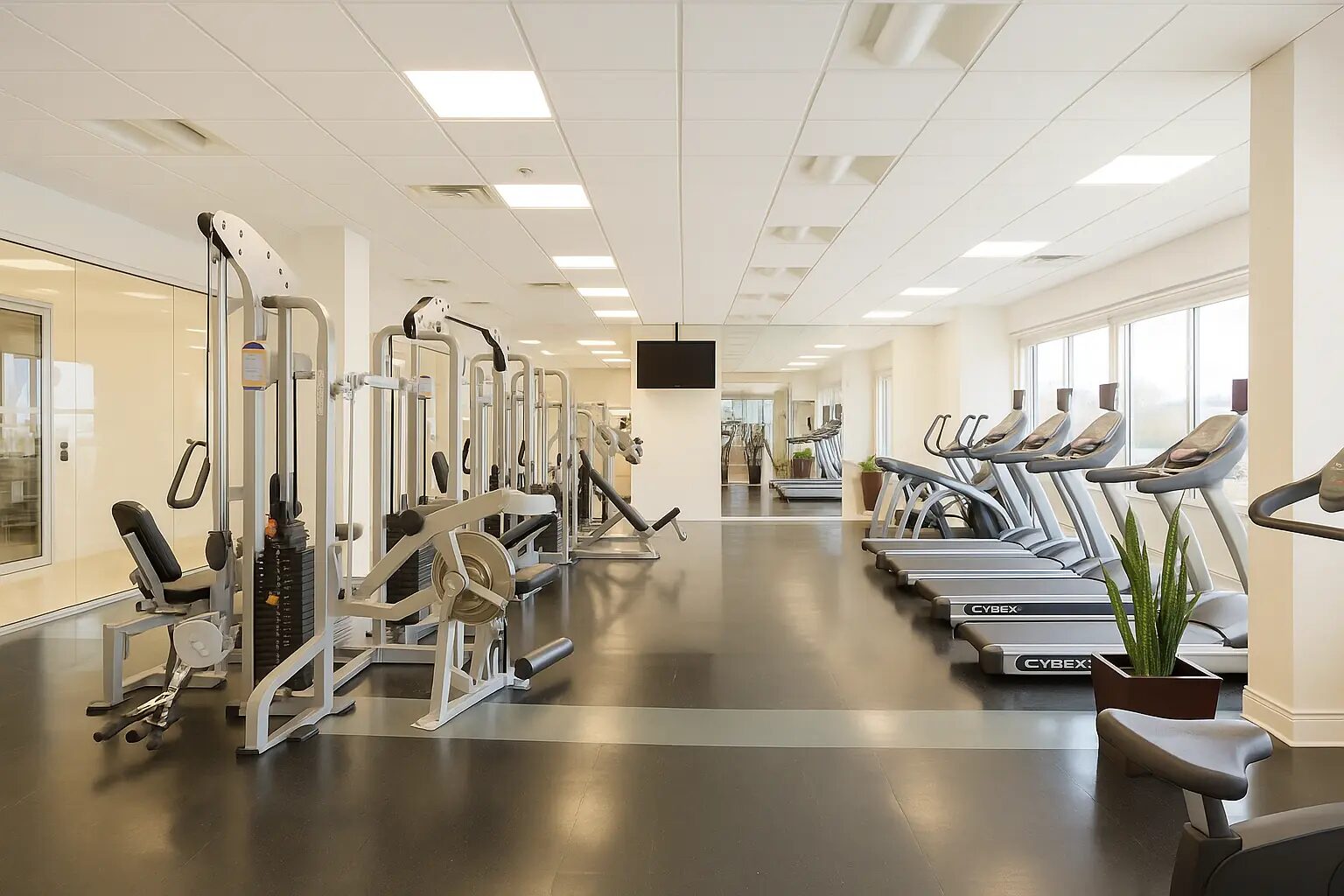 Fitness facility with terrace and Vancouver skyline view