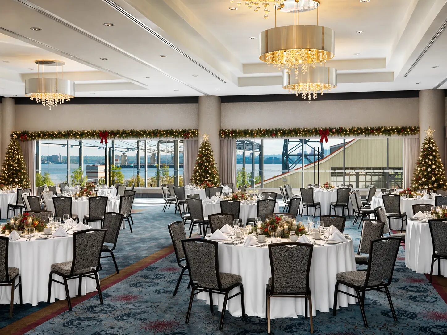 Pinnacle Ballroom decorated for the holidays at Pinnacle Hotel at the Pier